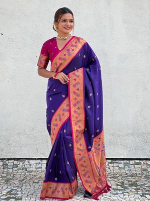 Violet paithani silk saree with unstitched blouse piece 1