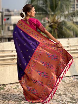 Violet paithani silk saree with unstitched blouse piece 2
