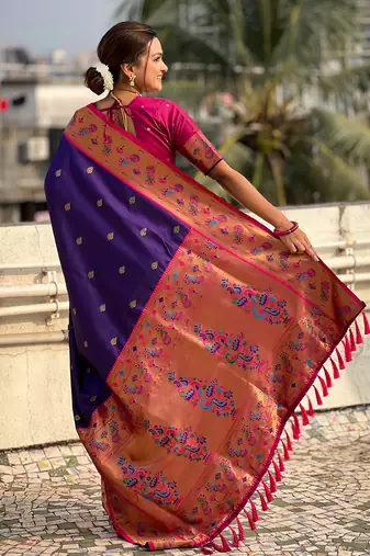 Violet paithani silk saree with unstitched blouse piece