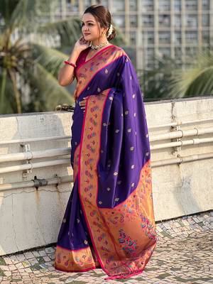 Violet paithani silk saree with unstitched blouse piece 3