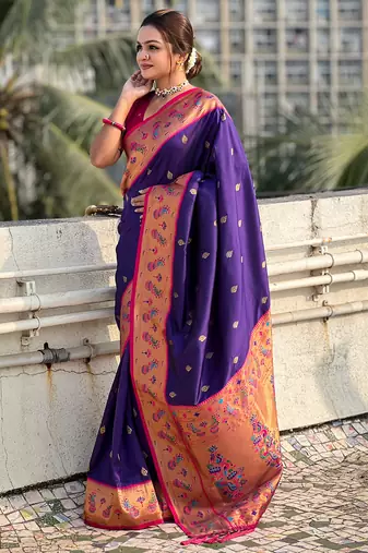 Violet paithani silk saree with unstitched blouse piece