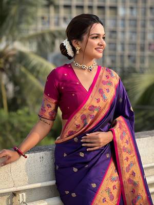 Violet paithani silk saree with unstitched blouse piece 4