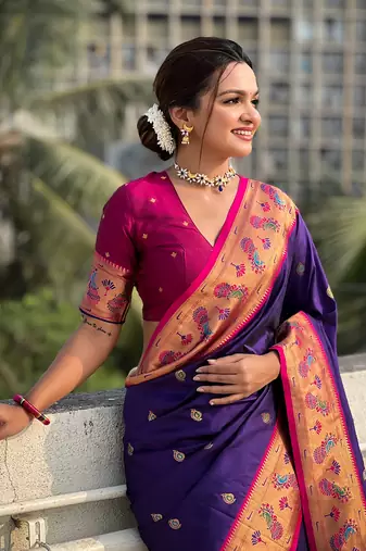 Violet paithani silk saree with unstitched blouse piece