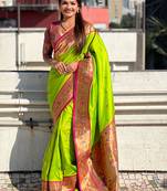 Green paithani silk saree with unstitched blouse piece