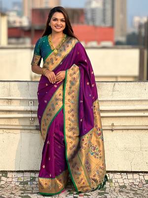 Purple paithani silk saree with unstitched blouse piece 1