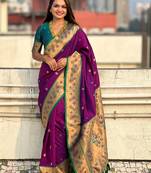 Purple paithani silk saree with unstitched blouse piece