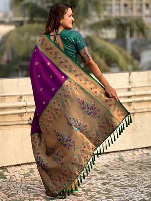 Purple paithani silk saree with unstitched blouse piece 2