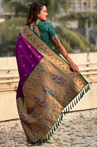 Purple paithani silk saree with unstitched blouse piece