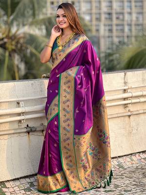 Purple paithani silk saree with unstitched blouse piece 3