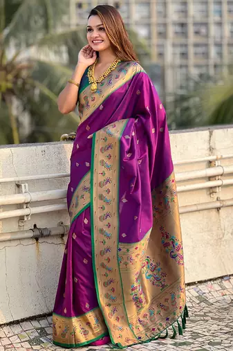 Purple paithani silk saree with unstitched blouse piece