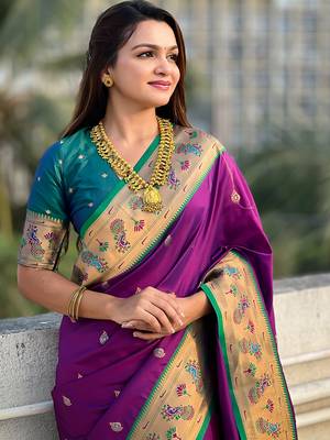 Purple paithani silk saree with unstitched blouse piece 4