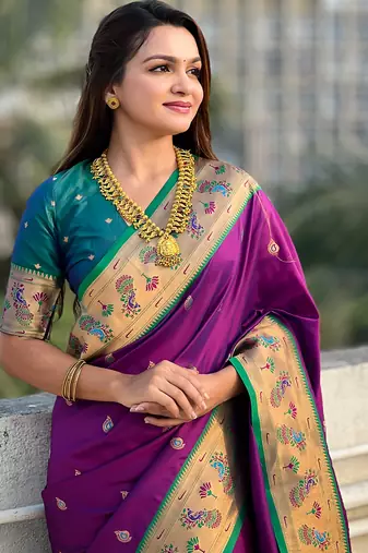 Purple paithani silk saree with unstitched blouse piece
