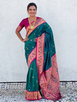 Teal paithani silk saree with unstitched blouse piece 1