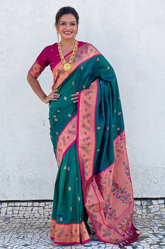 Teal paithani silk saree with unstitched blouse piece