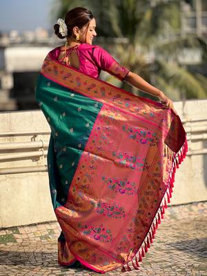 Teal paithani silk saree with unstitched blouse piece 2