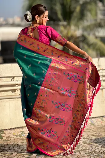Teal paithani silk saree with unstitched blouse piece