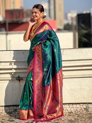 Teal paithani silk saree with unstitched blouse piece 3