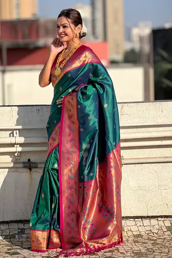 Teal paithani silk saree with unstitched blouse piece