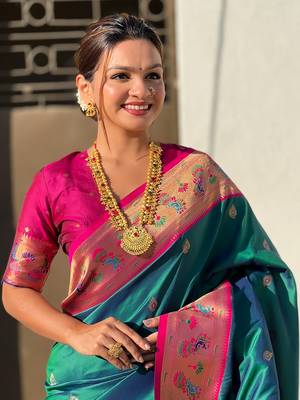 Teal paithani silk saree with unstitched blouse piece 4
