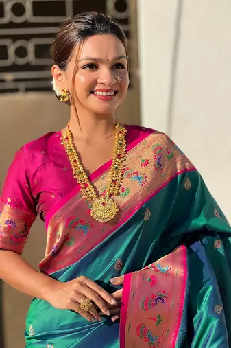 Teal paithani silk saree with unstitched blouse piece