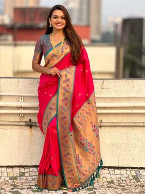 Pink paithani silk saree with unstitched blouse piece 1