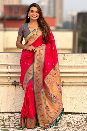 Pink paithani silk saree with unstitched blouse piece