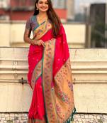 Pink paithani silk saree with unstitched blouse piece