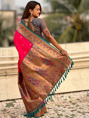 Pink paithani silk saree with unstitched blouse piece 2