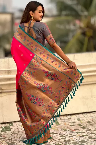 Pink paithani silk saree with unstitched blouse piece