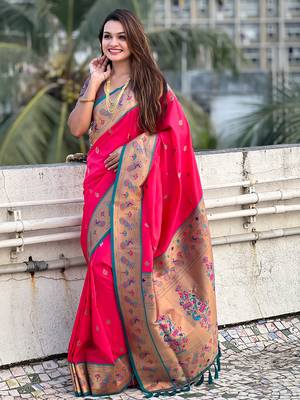Pink paithani silk saree with unstitched blouse piece 3