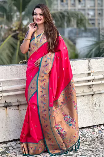 Pink paithani silk saree with unstitched blouse piece