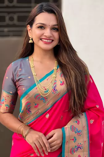 Pink paithani silk saree with unstitched blouse piece
