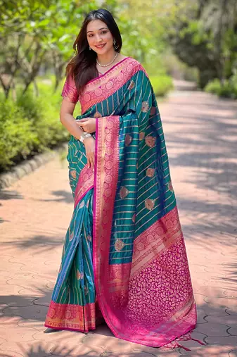 Teal zari woven silk women's saree with blouse piece
