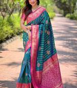 Teal zari woven silk women's saree with blouse piece