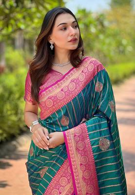 Teal zari woven silk women's saree with blouse piece 3