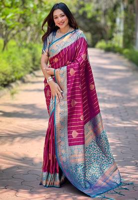 Magenta zari woven silk women's saree with blouse piece 1