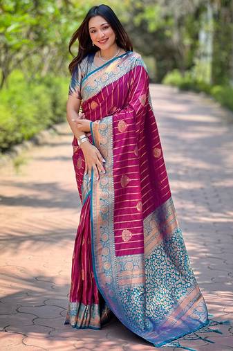 Magenta zari woven silk women's saree with blouse piece
