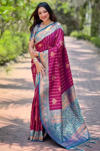 Magenta zari woven silk women's saree with blouse piece