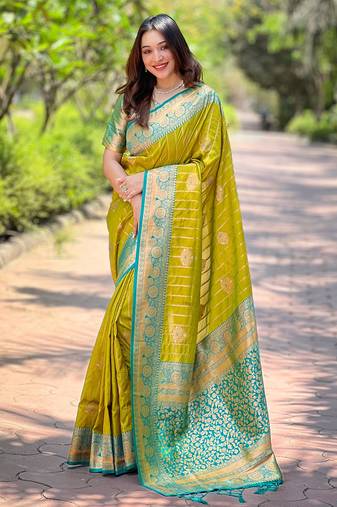 Lime green zari woven silk women's saree with blouse piece