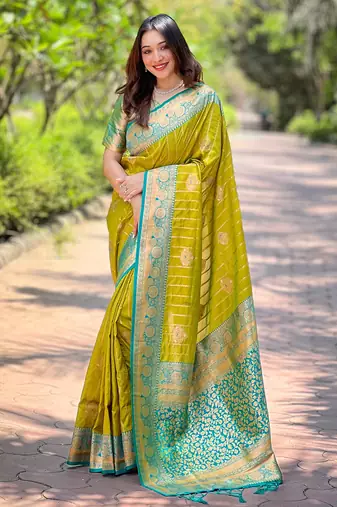 Lime green zari woven silk women's saree with blouse piece