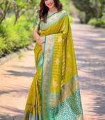 Lime green zari woven silk women's saree with blouse piece