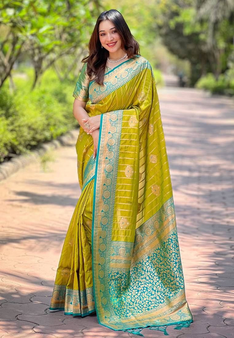 Lime green zari woven silk women's saree with blouse piece