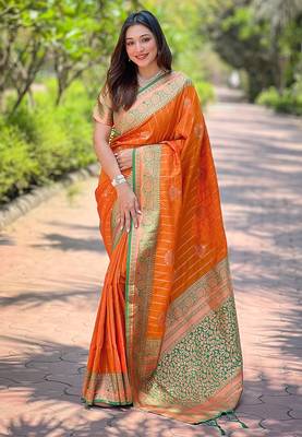 Orange zari woven silk women's saree with blouse piece 1