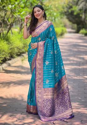 Sky blue zari woven silk women's saree with blouse piece 1