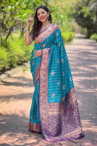 Sky blue zari woven silk women's saree with blouse piece