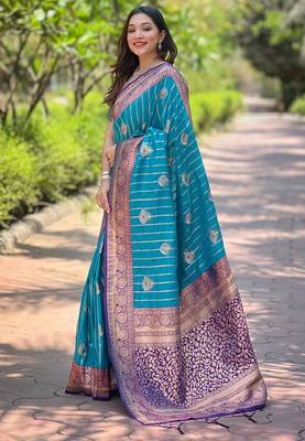 Sky blue zari woven silk women's saree with blouse piece 2