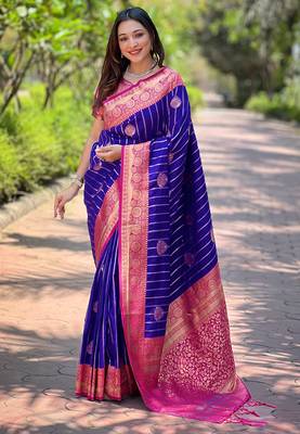 Royal blue zari woven silk women's saree with blouse piece 1