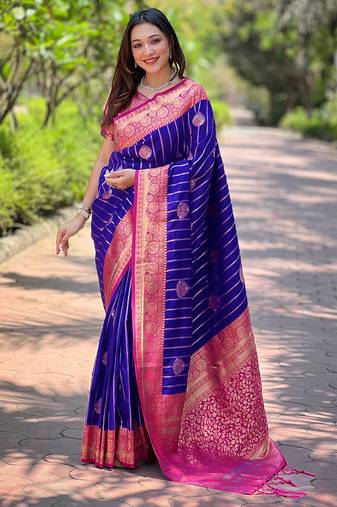 Royal blue zari woven silk women's saree with blouse piece