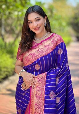 Royal blue zari woven silk women's saree with blouse piece 3