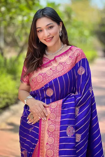 Royal blue zari woven silk women's saree with blouse piece